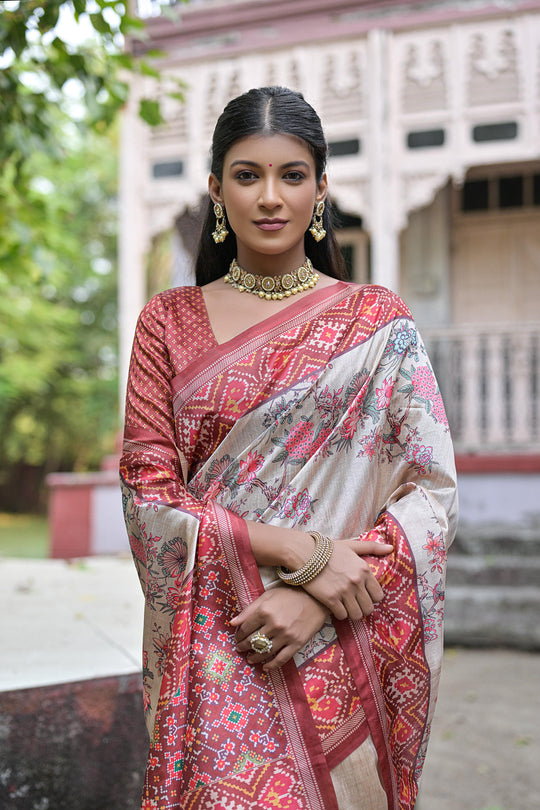 Maroon Soft Tussar Silk Floral Printed Saree with Blouse
