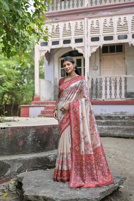 Maroon Soft Tussar Silk Floral Printed Saree with Blouse
