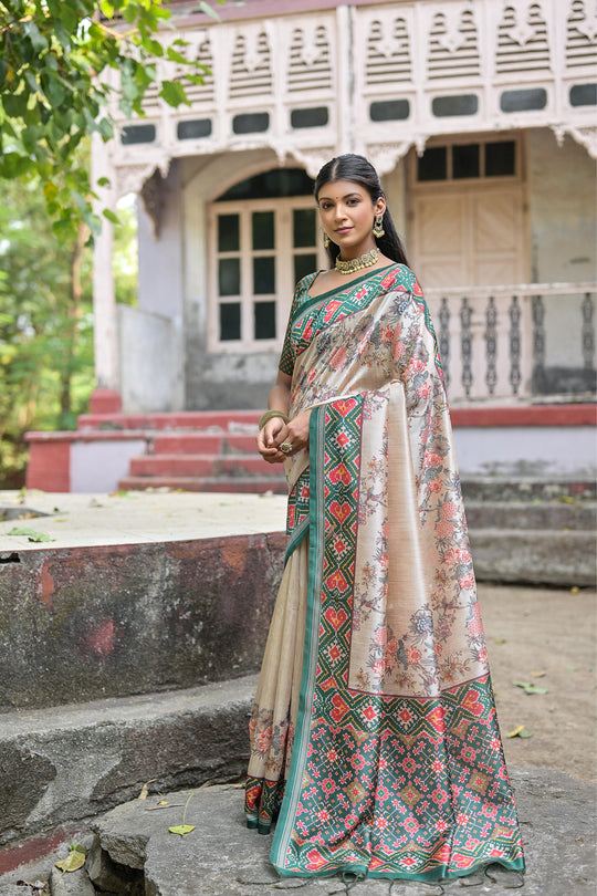Rama Soft Tussar Silk Floral Printed Saree with Blouse