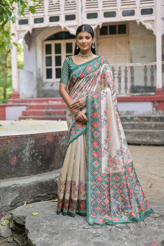 Rama Soft Tussar Silk Floral Printed Saree with Blouse