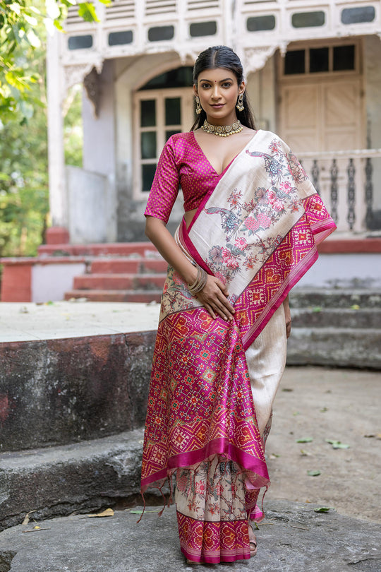 Pink Soft Tussar Silk Floral Printed Saree with Blouse
