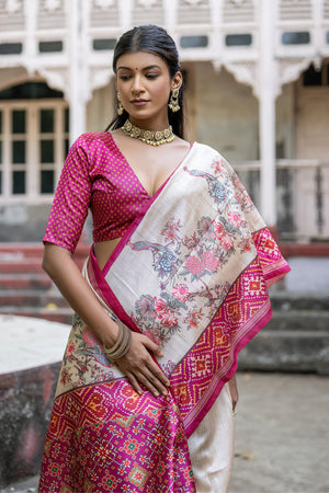 Pink Soft Tussar Silk Floral Printed Saree with Blouse