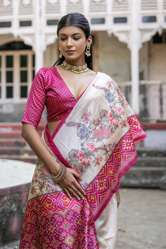Pink Soft Tussar Silk Floral Printed Saree with Blouse