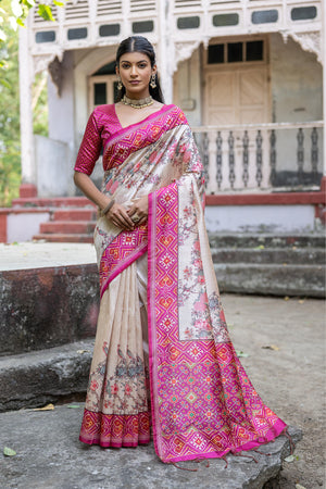 Pink Soft Tussar Silk Floral Printed Saree with Blouse