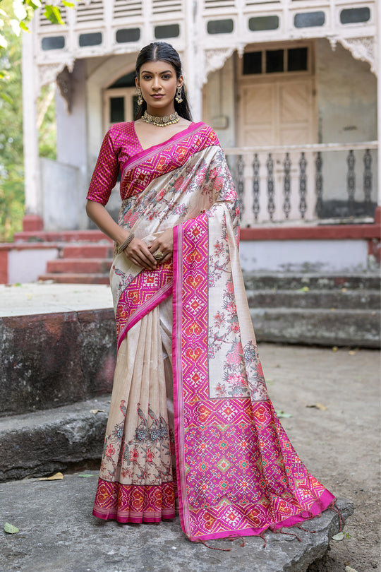 Pink Soft Tussar Silk Floral Printed Saree with Blouse