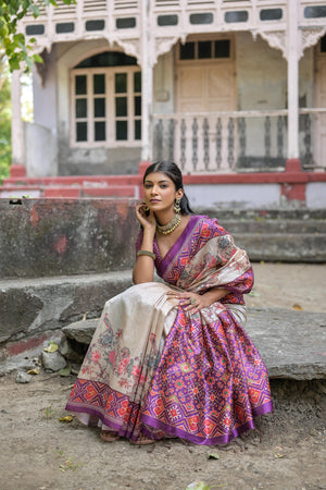 Lavender Soft Tussar Silk Floral Printed Saree with Blouse