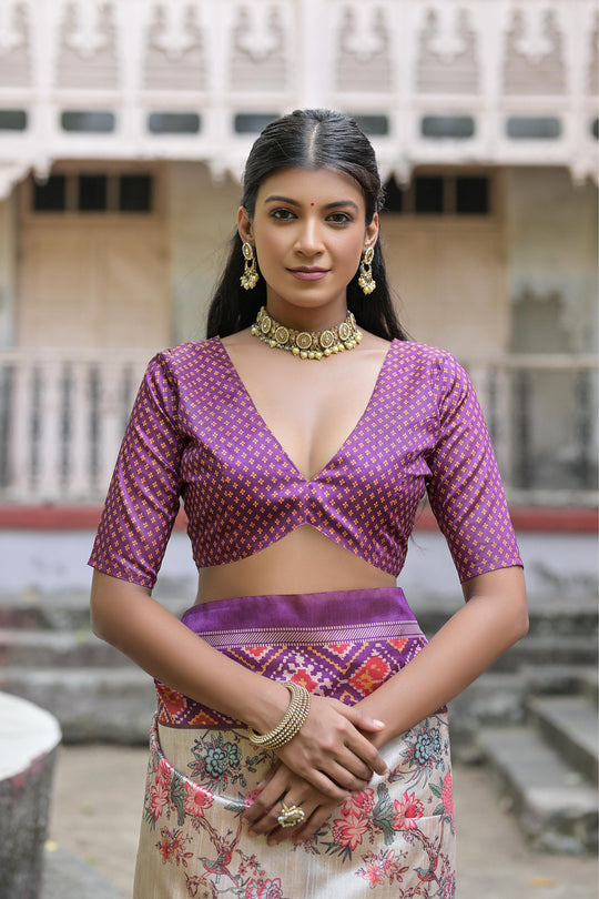 Lavender Soft Tussar Silk Floral Printed Saree with Blouse