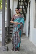 Sky Blue Soft Tussar Silk Temple Border Saree with Blouse