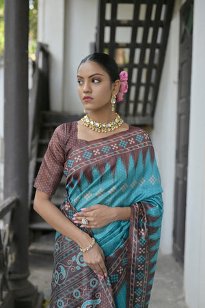 Sky Blue Soft Tussar Silk Temple Border Saree with Blouse