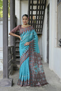 Sky Blue Soft Tussar Silk Temple Border Saree with Blouse
