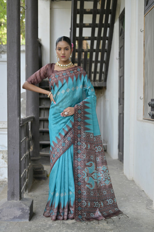 Sky Blue Soft Tussar Silk Temple Border Saree with Blouse