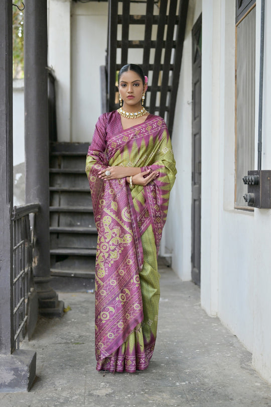 Green Soft Tussar Silk Temple Border Saree with Blouse