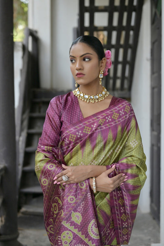 Green Soft Tussar Silk Temple Border Saree with Blouse