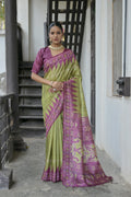 Green Soft Tussar Silk Temple Border Saree with Blouse