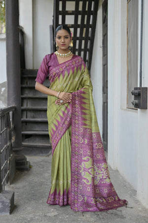 Green Soft Tussar Silk Temple Border Saree with Blouse