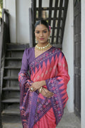 Pink Soft Tussar Silk Temple Border Saree with Blouse