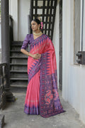 Pink Soft Tussar Silk Temple Border Saree with Blouse