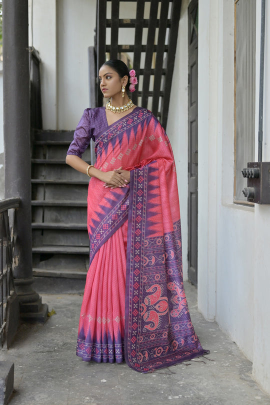 Pink Soft Tussar Silk Temple Border Saree with Blouse
