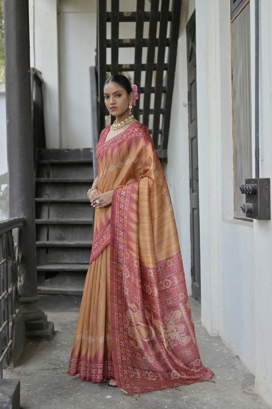 Mustard Soft Tussar Silk Temple Border Saree with Blouse
