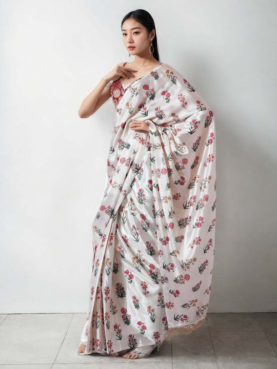 Multicolor Chinon Digital Print with Lace Border Ready to Wear Saree