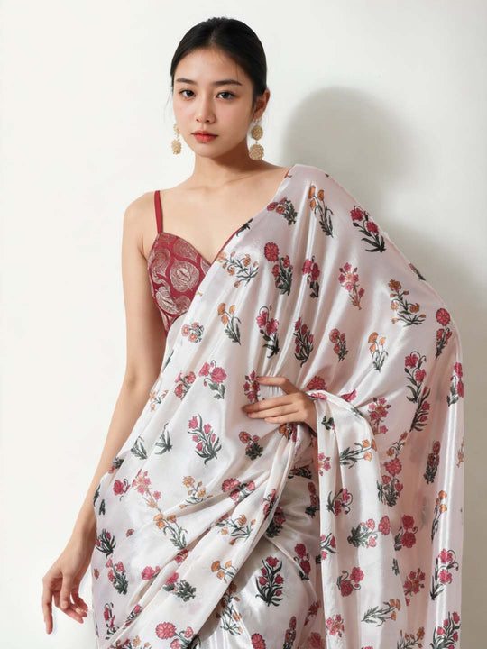 Multicolor Chinon Digital Print with Lace Border Ready to Wear Saree