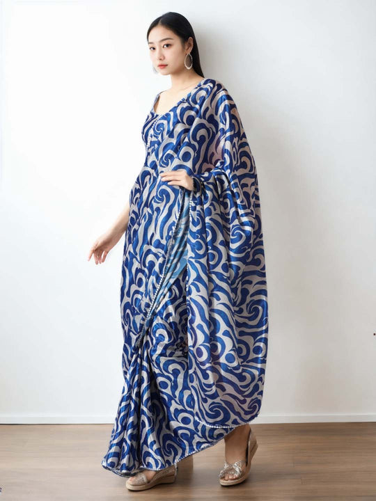 Blue Chinon Digital Print with Lace Border Ready to Wear Saree