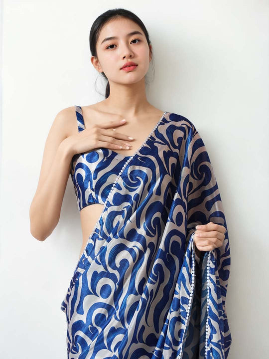 Blue Chinon Digital Print with Lace Border Ready to Wear Saree