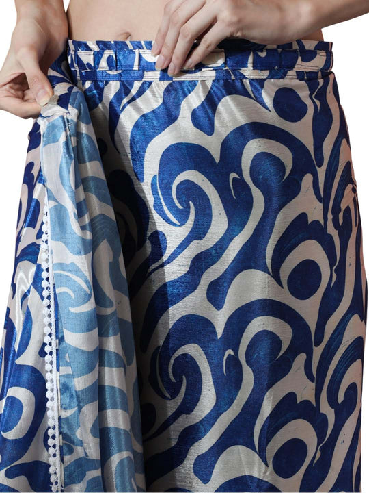 Blue Chinon Digital Print with Lace Border Ready to Wear Saree