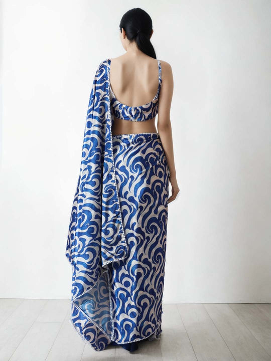 Blue Chinon Digital Print with Lace Border Ready to Wear Saree