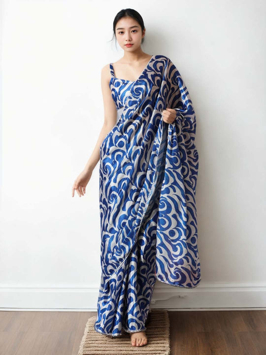 Blue Chinon Digital Print with Lace Border Ready to Wear Saree