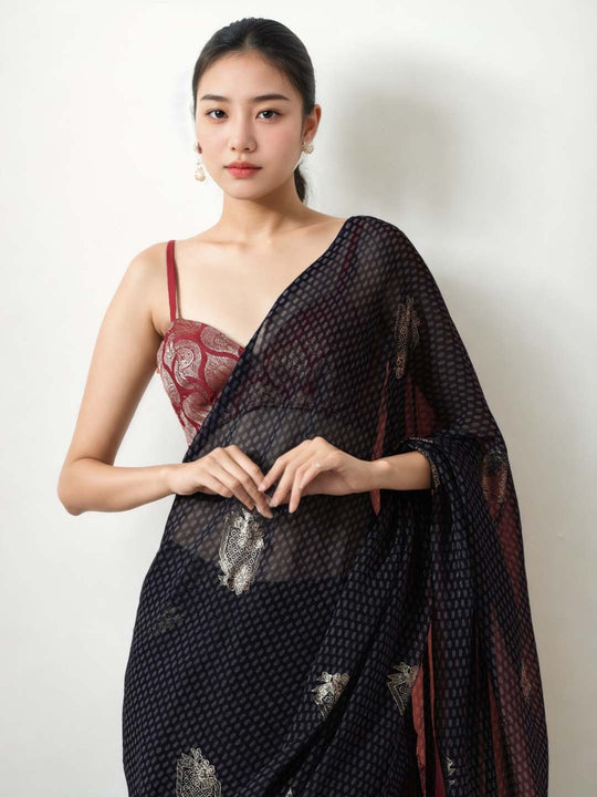 Black Marble Chiffon Printed Ready to Wear Saree