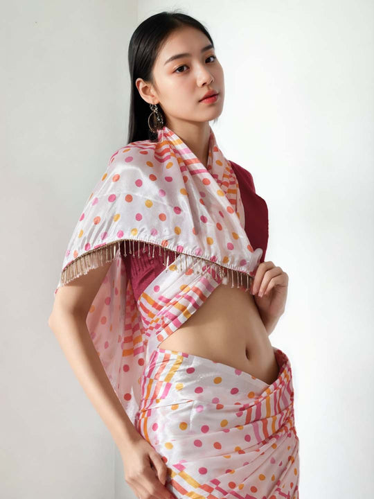 Multicolor Chinon Digital Print with Lace Border Ready to Wear Saree