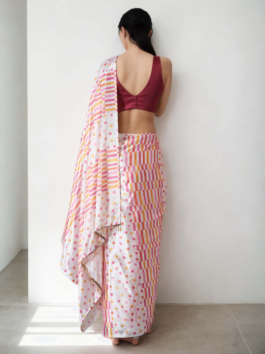 Multicolor Chinon Digital Print with Lace Border Ready to Wear Saree