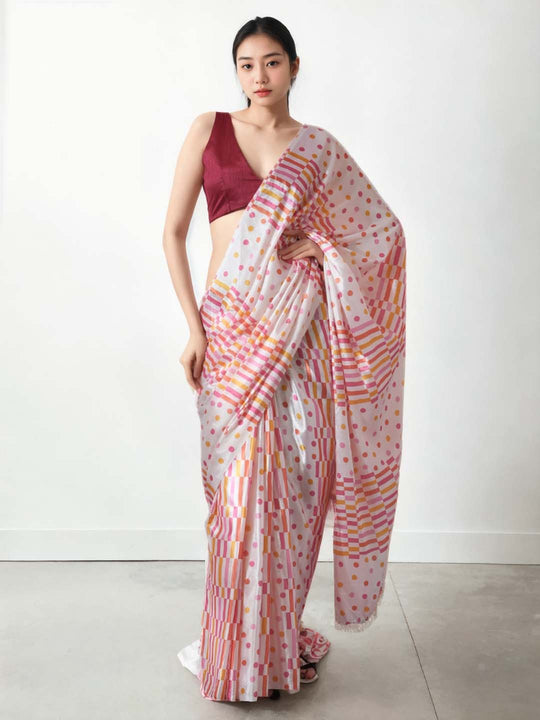 Multicolor Chinon Digital Print with Lace Border Ready to Wear Saree