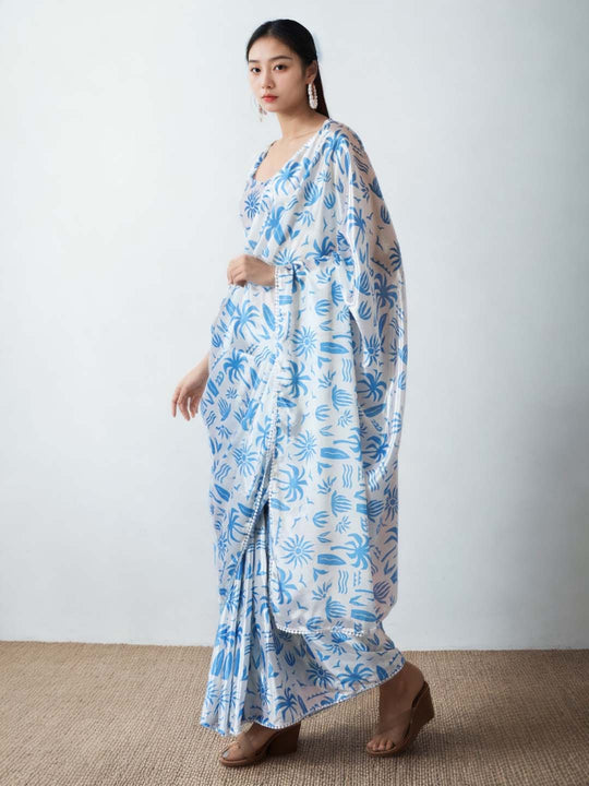 Sky Blue Chinon Digital Print with Lace Border Ready to Wear Saree