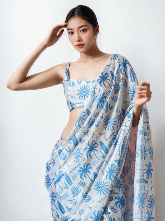 Sky Blue Chinon Digital Print with Lace Border Ready to Wear Saree