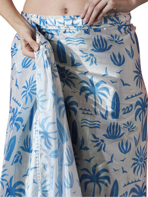 Sky Blue Chinon Digital Print with Lace Border Ready to Wear Saree