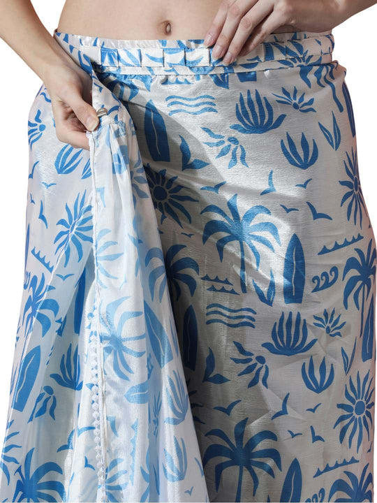 Sky Blue Chinon Digital Print with Lace Border Ready to Wear Saree