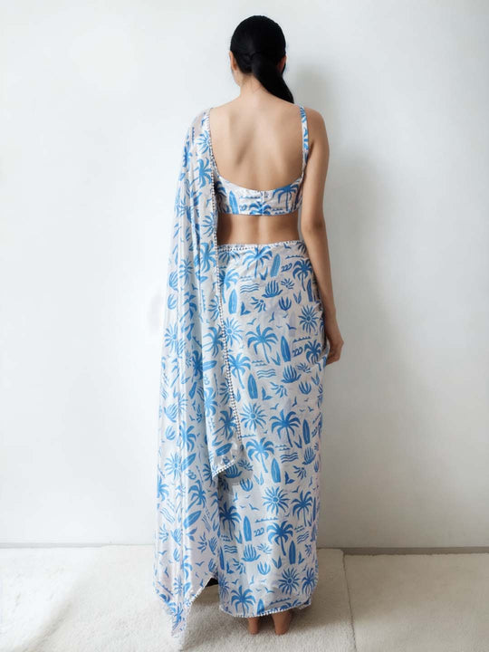 Sky Blue Chinon Digital Print with Lace Border Ready to Wear Saree