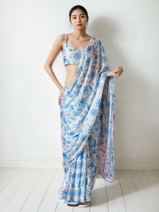 Sky Blue Chinon Digital Print with Lace Border Ready to Wear Saree
