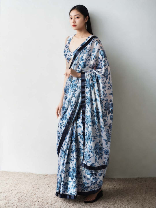 Navy Blue Chinon Digital Print with Lace Border Ready to Wear Saree