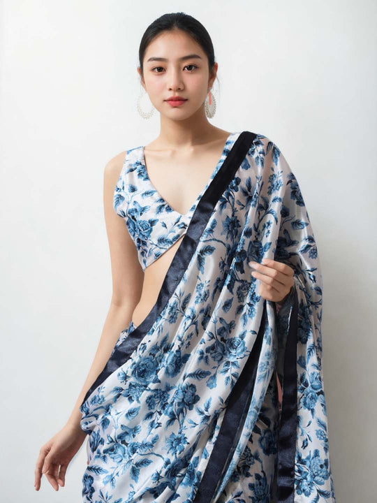 Navy Blue Chinon Digital Print with Lace Border Ready to Wear Saree