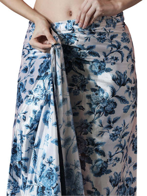 Navy Blue Chinon Digital Print with Lace Border Ready to Wear Saree