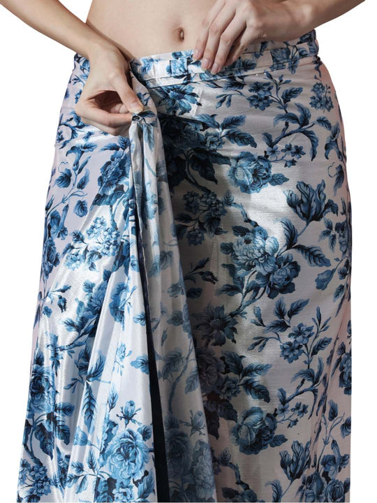 Navy Blue Chinon Digital Print with Lace Border Ready to Wear Saree