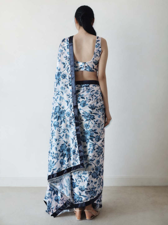 Navy Blue Chinon Digital Print with Lace Border Ready to Wear Saree