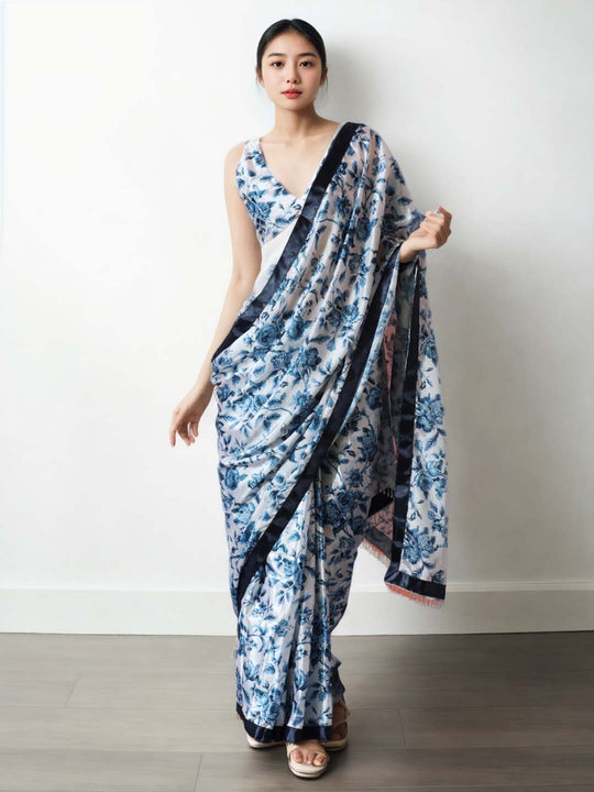 Navy Blue Chinon Digital Print with Lace Border Ready to Wear Saree