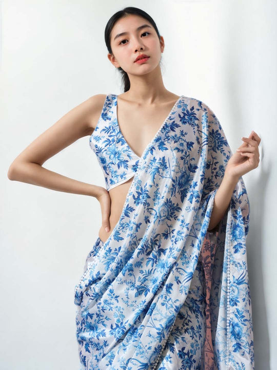 Blue Chinon Digital Print with Lace Border Ready to Wear Saree