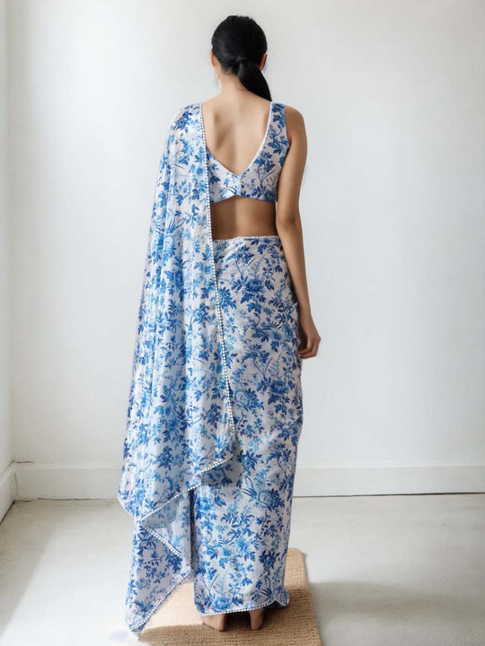 Blue Chinon Digital Print with Lace Border Ready to Wear Saree