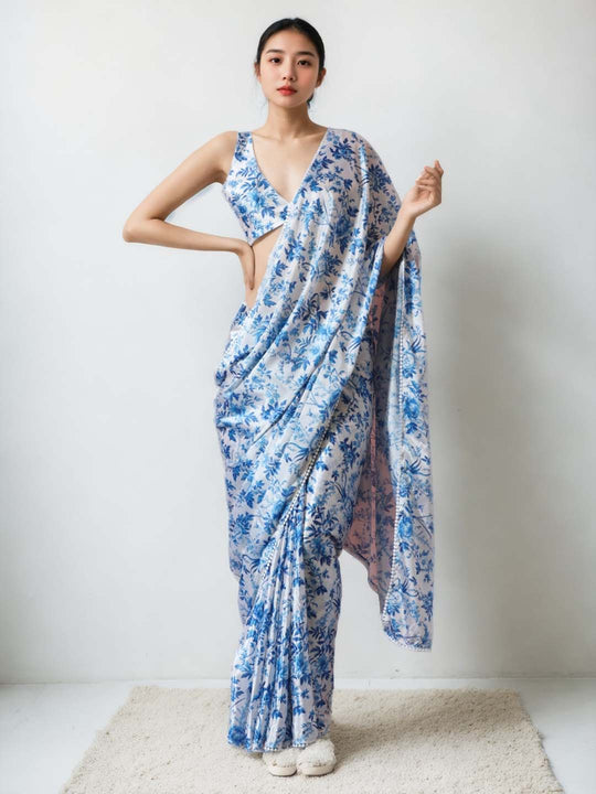 Blue Chinon Digital Print with Lace Border Ready to Wear Saree