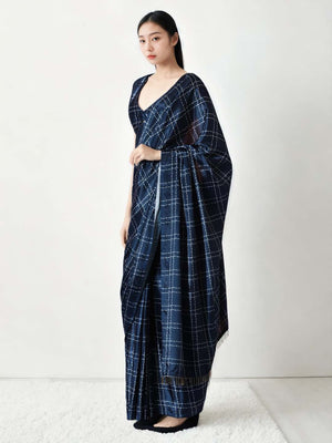 Navy Blue Chinon Digital Print with Lace Border Ready to Wear Saree